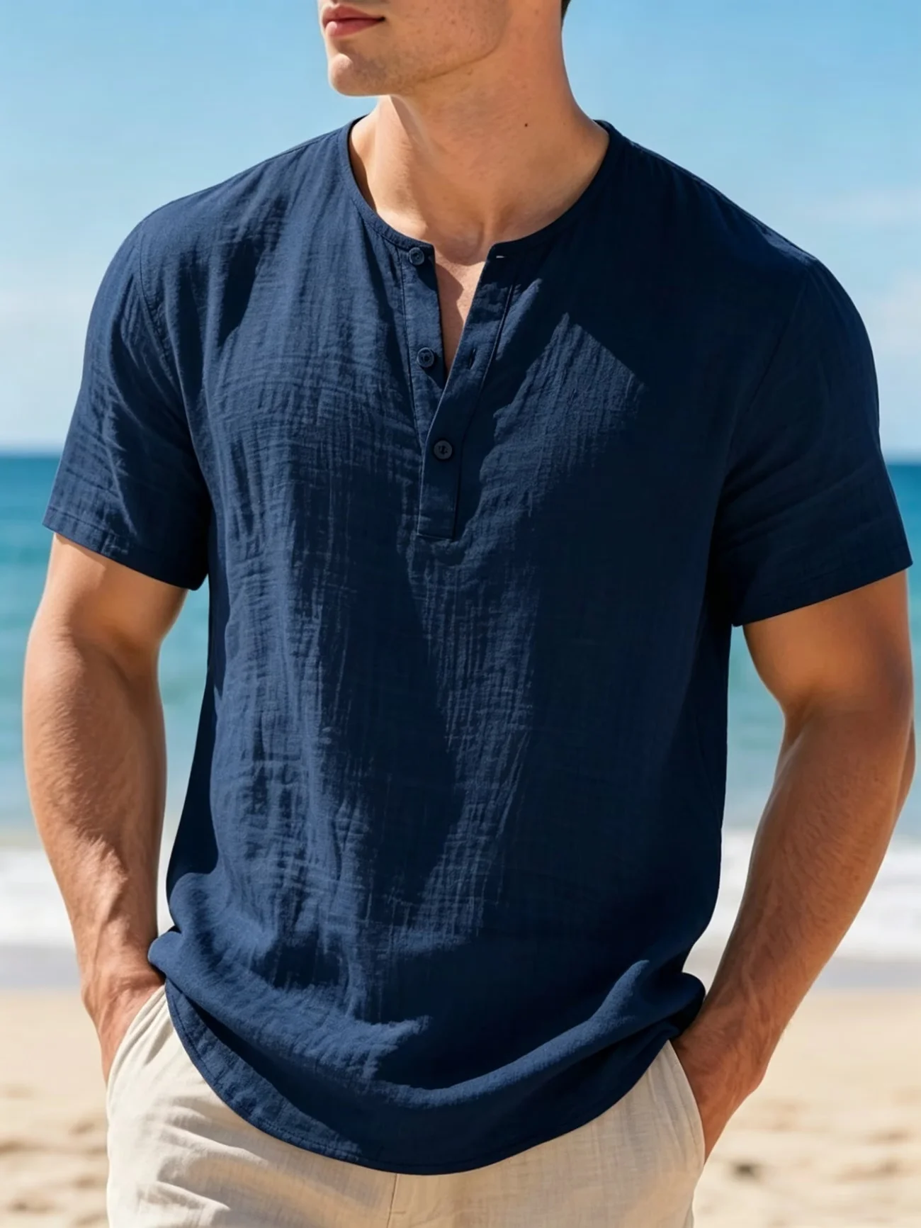 Men's Cotton Linen Henley Short Sleeve T Shirt Lightweight Breathable Solid Color Casual…