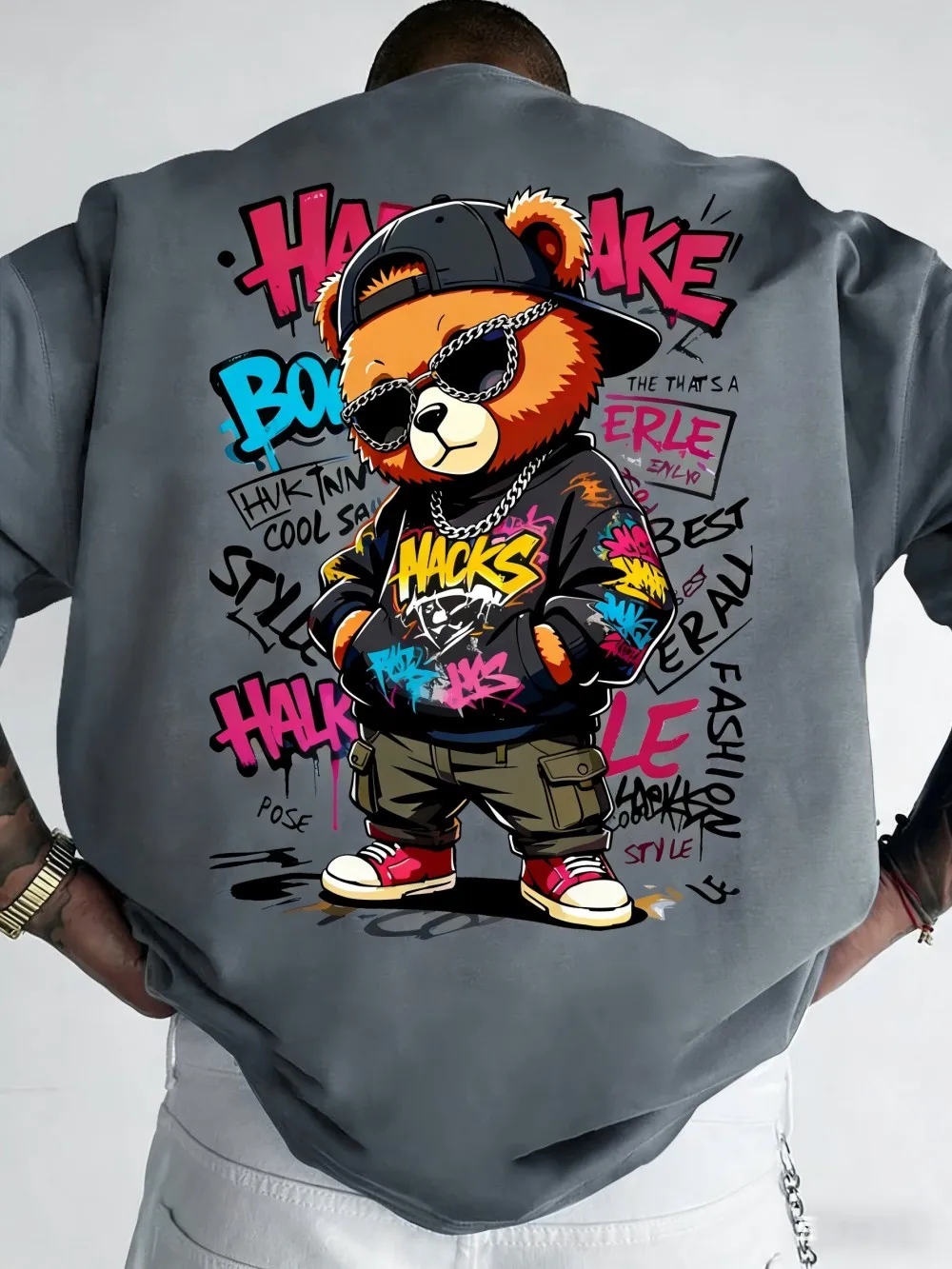 European and American Men's Summer Teddy Bear Graffiti Print Comfortable and Breathable Round Neck T-Shirt Outdoor Street Top