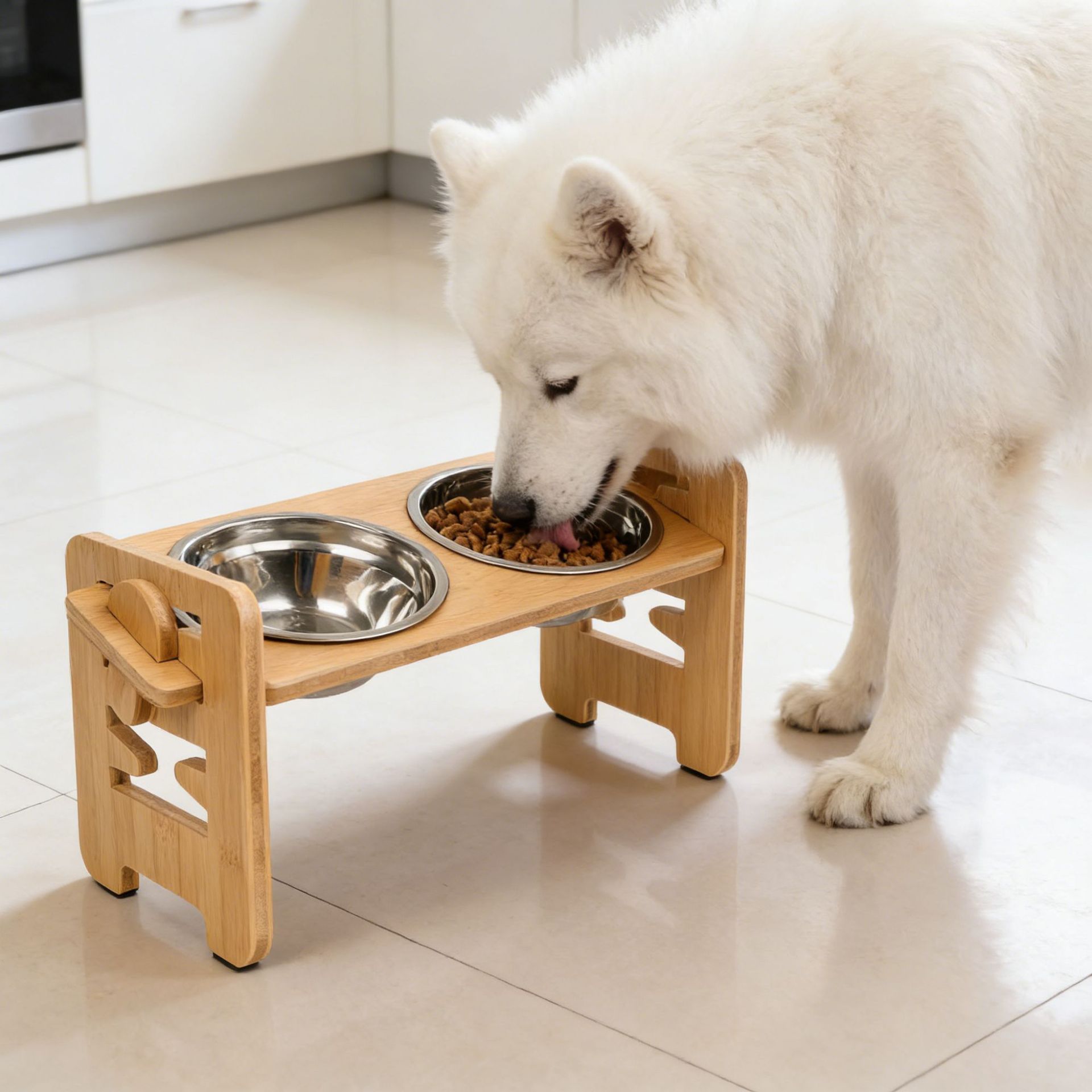Bamboo Wood Dogs And Cats Bowl Rack Pet Double Bowl