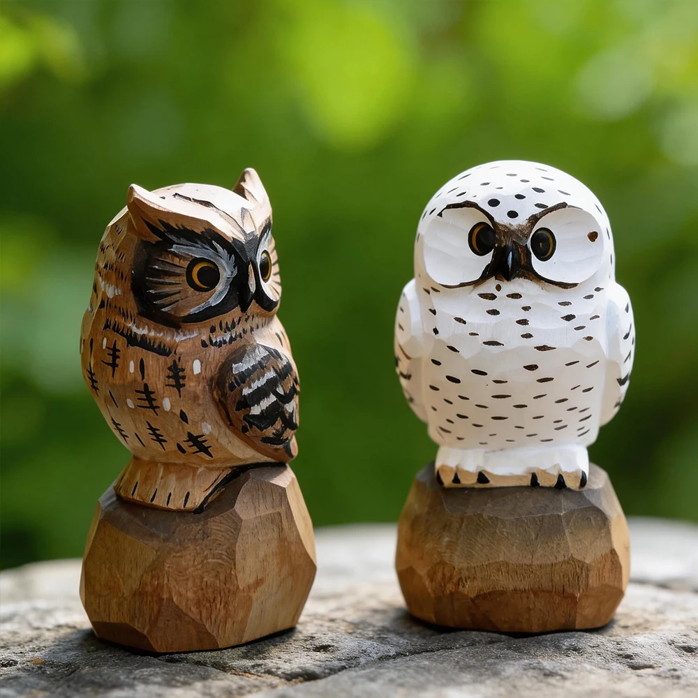 Handcrafted Wooden Snowy Owl Sculpture Statue Figurines Animal Home Desk Accessories…