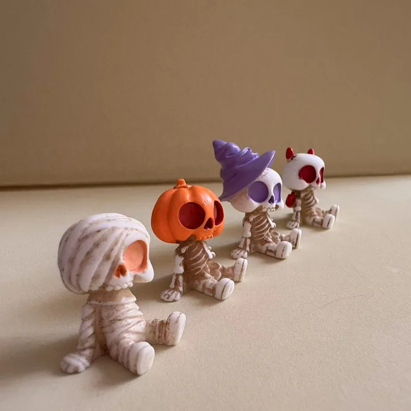 4-Pack Halloween Mini Figurines Set, Spooky Resin Decor with Pumpkins Ghosts Skulls for…