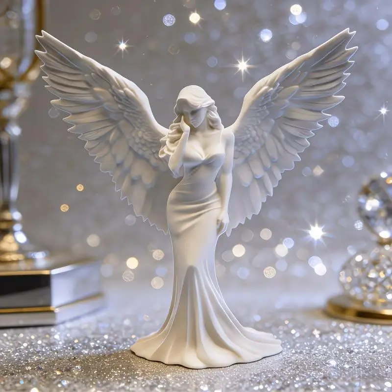 #3D Printed Praying Angel Statue Guardian Angel Figurine White Gold Religious Sculpture…