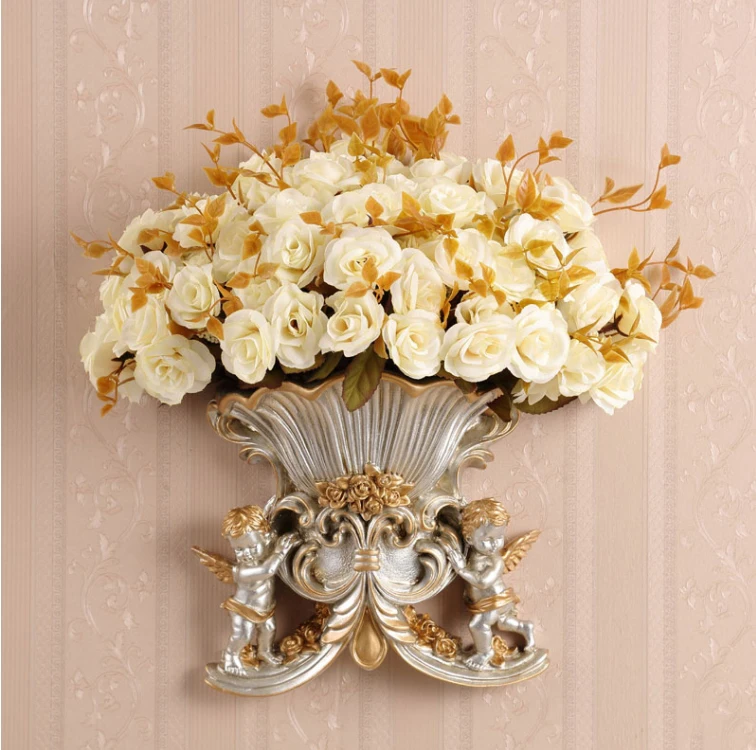 European Wall Hanging Double Angel Vase+Artificial Flower Home Background Wall Mural…