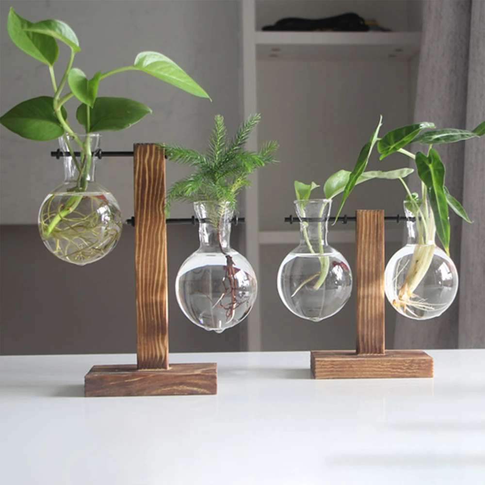 Creative Glass Desktop Planter Bulb Vase Wooden Stand Hydroponic Plant Container Home…