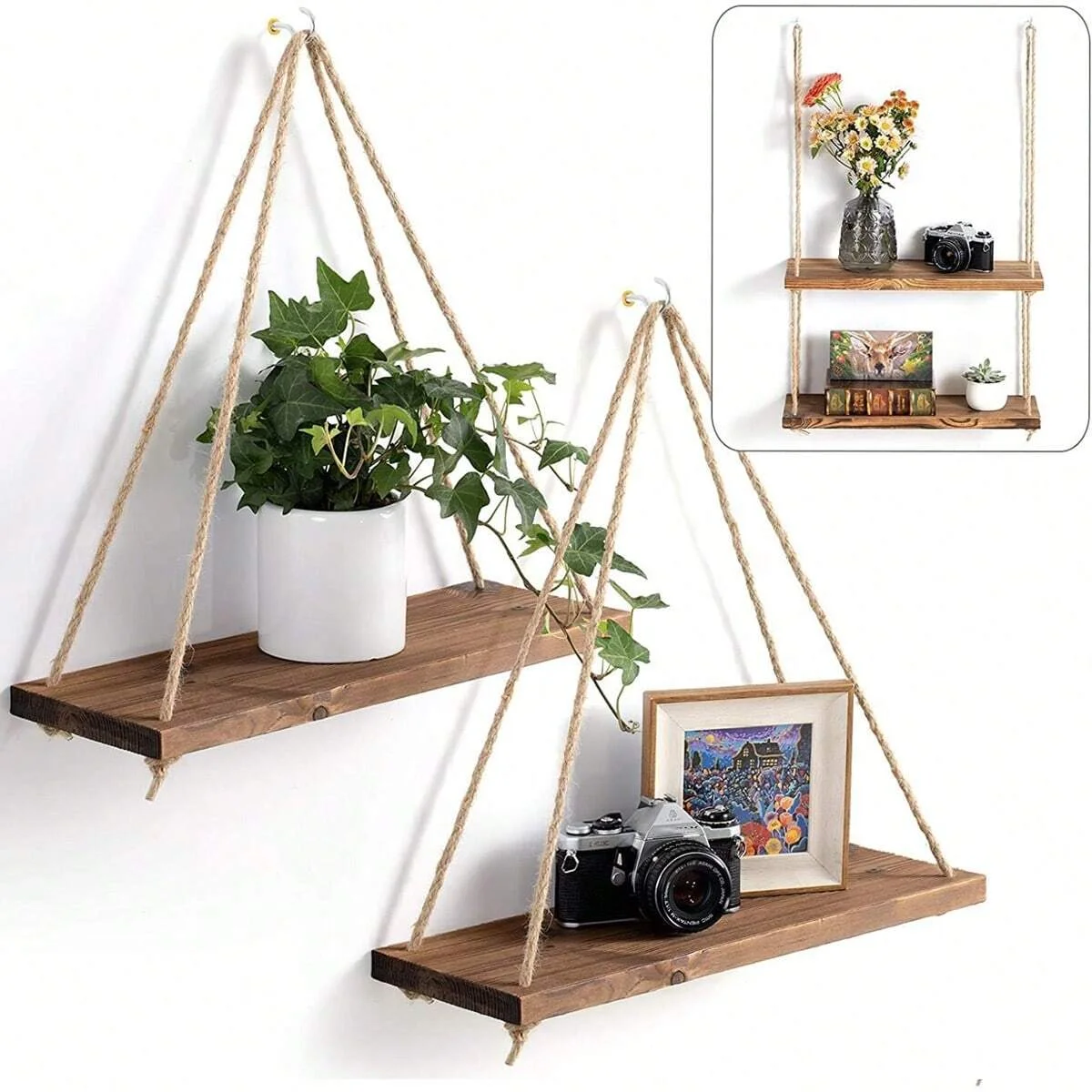 1-Pack Wooden Swing Hanging Hemp Rope Wall Shelve Mounted Floating Home Living Room Plant…