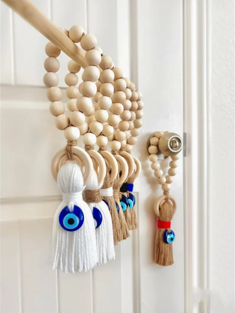 Wooden Guardian Amulet Tassel with Glass Evil Eye Bead Door-Knob Handle Hanging Modern…