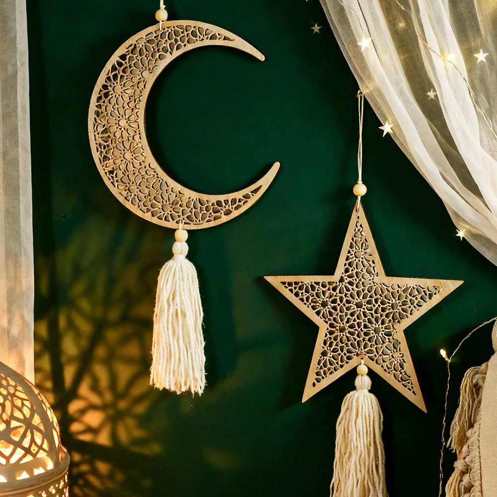 Ramadan Wooden Hanging Ornaments Moon and Star Hollow Mesh Wall Decor Islamic Eid Mubarak…