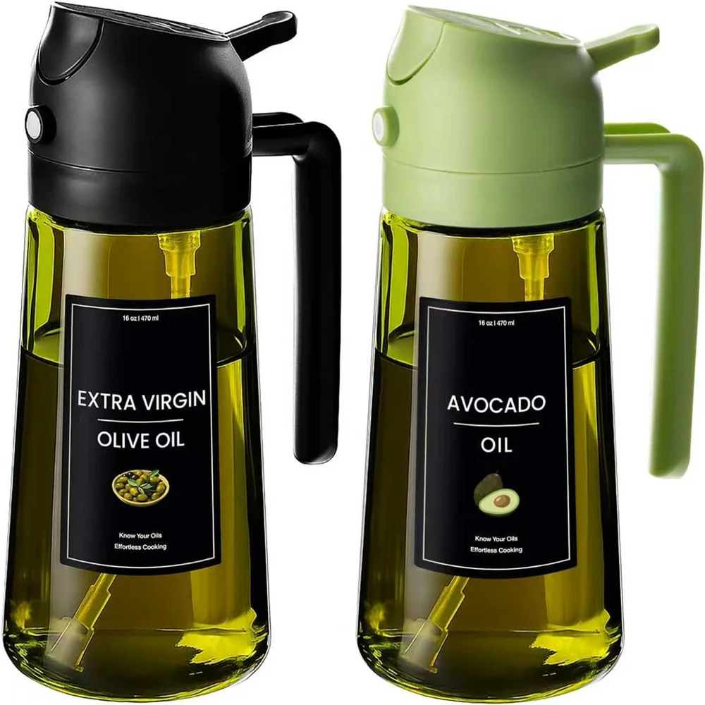 Olive Oil Dispenser,Sprayer for Cooking 2-in-1- Spray and Pour,Dark Green Glass Oil…