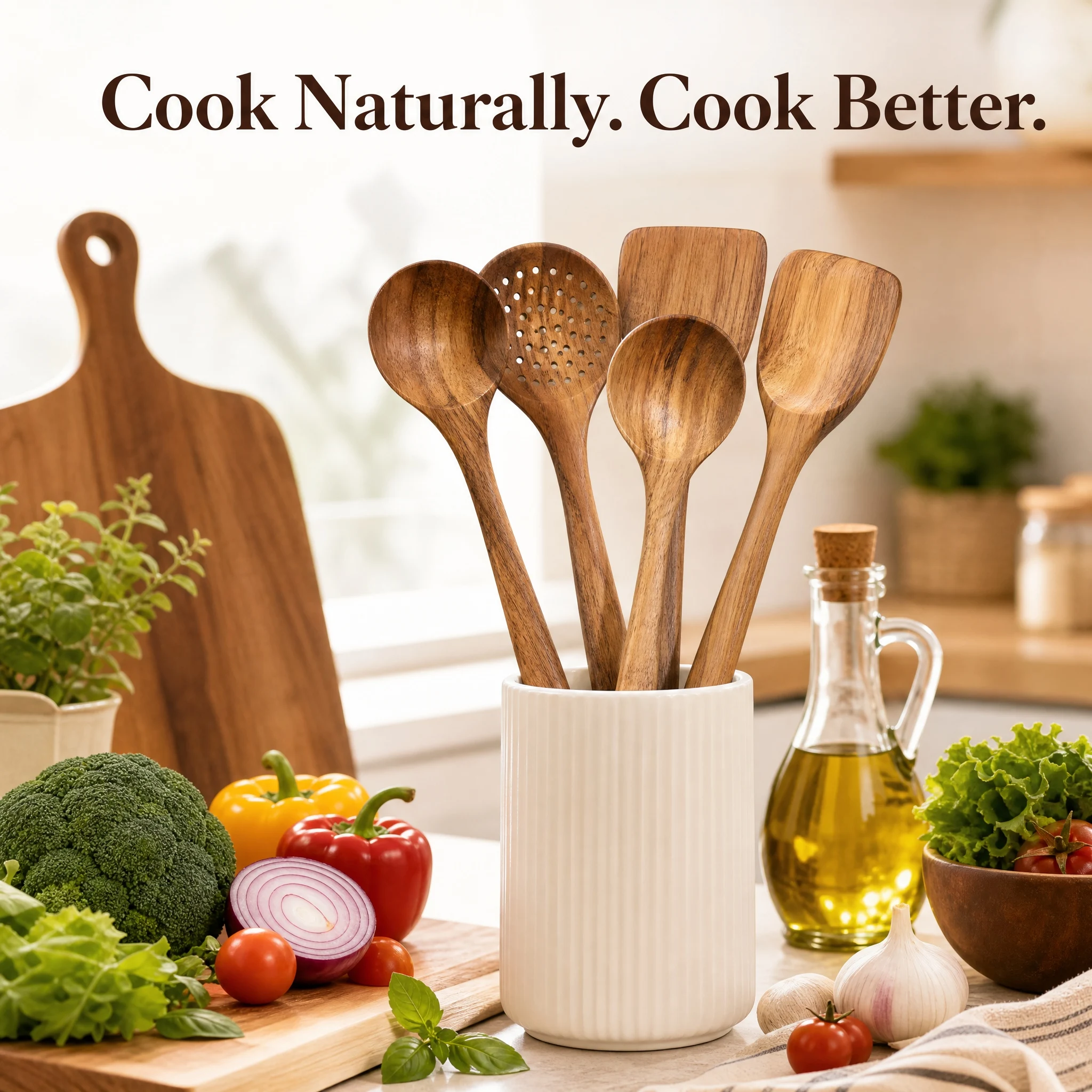 5-Pack Wooden Utensil Set with Hanging Holes, Food Grade Spoons and Spatula 24-33.7cm…