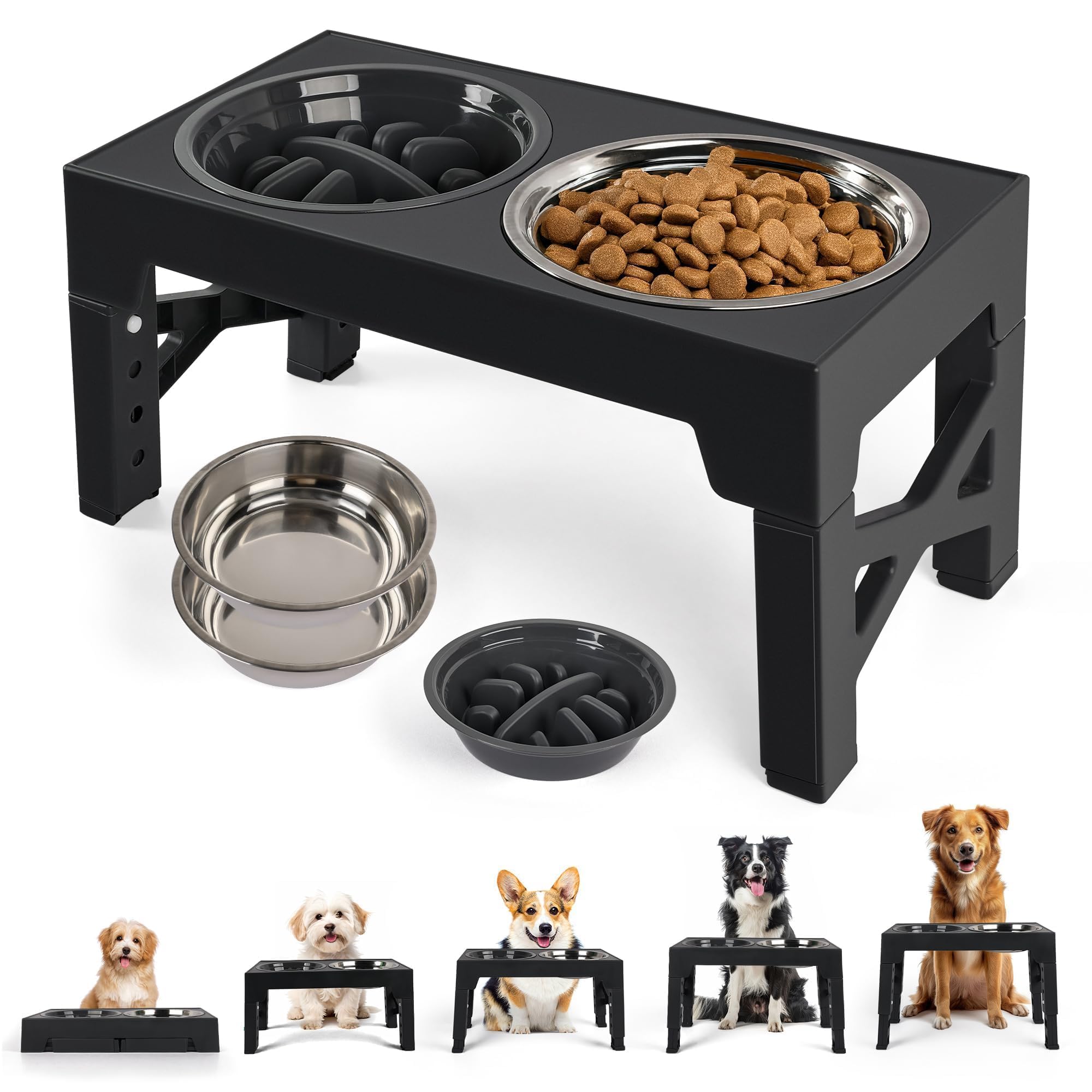 Elevated Dog Bowls, Raised Dog Bowl With Slow Feeder Bowl & Stainless Steel Bowls, 5…