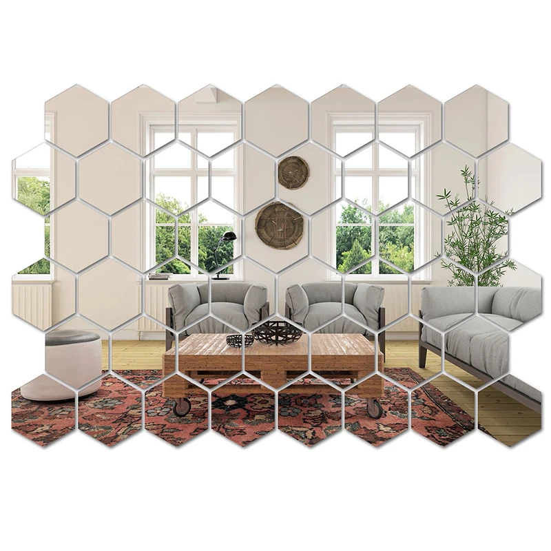 45-Pack Mirror Wall Sticker, Hexagon Wall Art Sticker, DIY Household Decorative Tiles…
