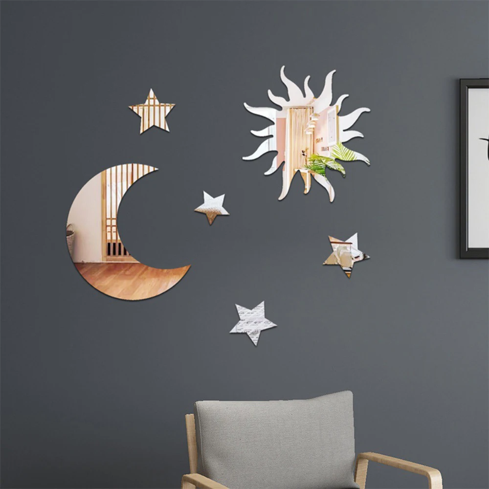 6-Pack Star Moon Combination Mirror Acrylic Stereo Self Adhesive Diy Bedroom Living Room…
