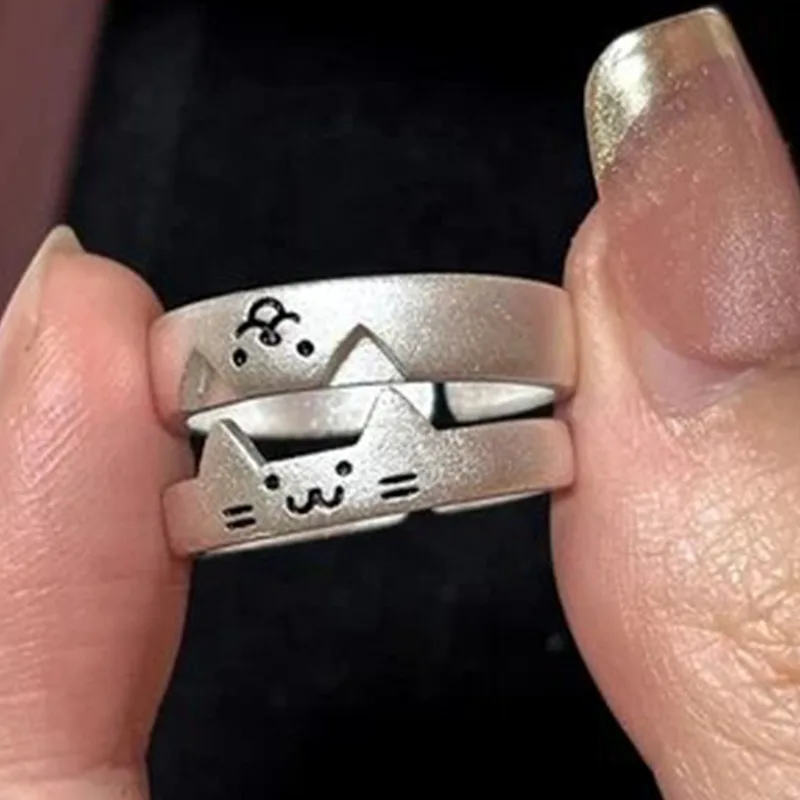 2-Pack Kawaii Cat Dog Animal Couple Ring for Women Men Fashion Size Adjust Lover Rings…