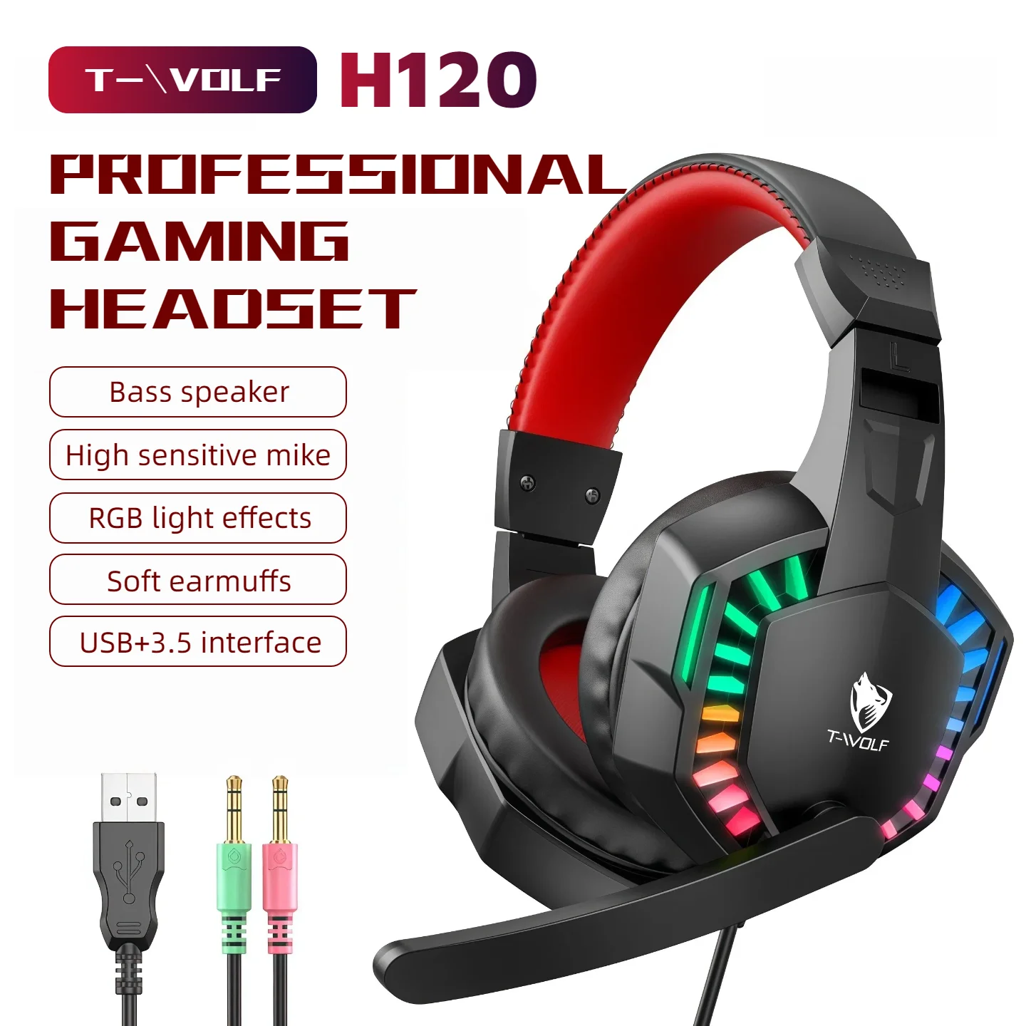 RGB Wired Gaming Headset with Microphone, USB & 3.5mm Over‑Ear Headphones for PC Laptop…