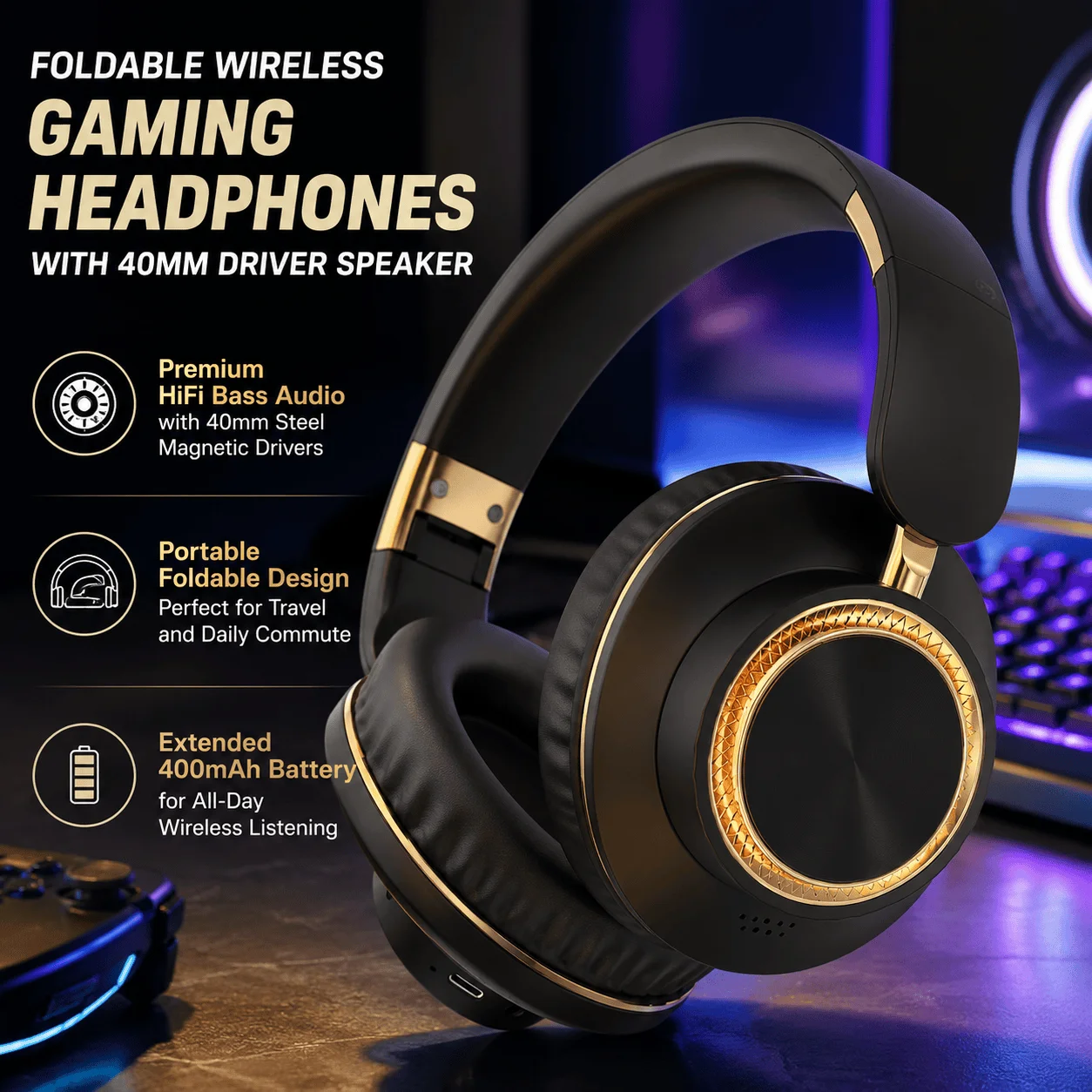 Wireless Bluetooth Headphones Foldable Gaming Headset With Bluetooth 5.3 Technology 40mm…