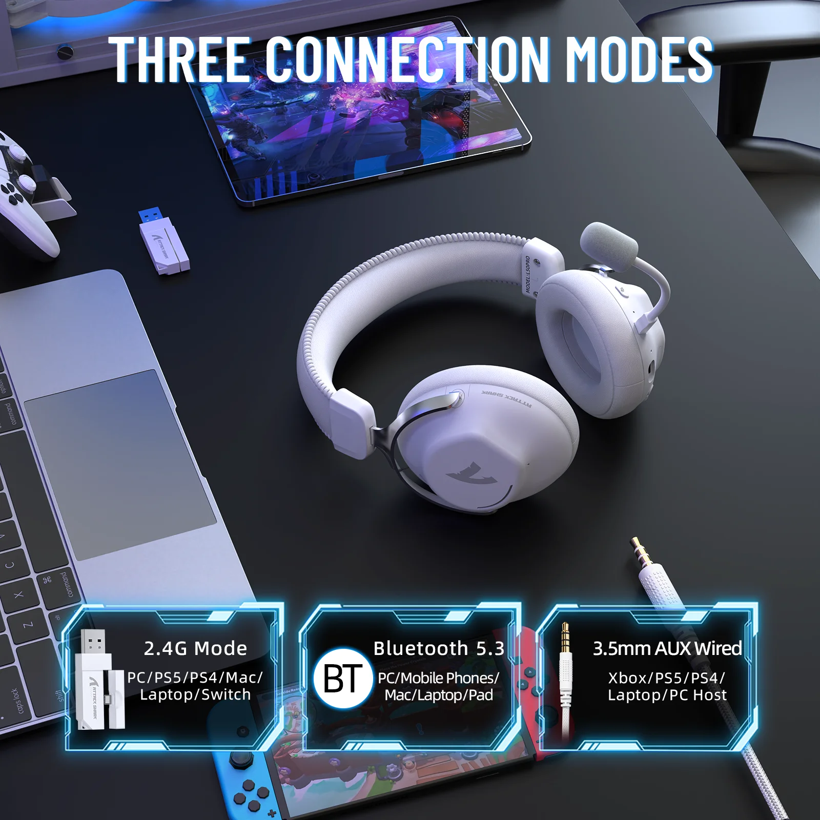 ATTACK SHARK L50PRO Wireless Gaming Headse,1100mah,7.1 Surround Sound, 53mm Drivers,20ms…