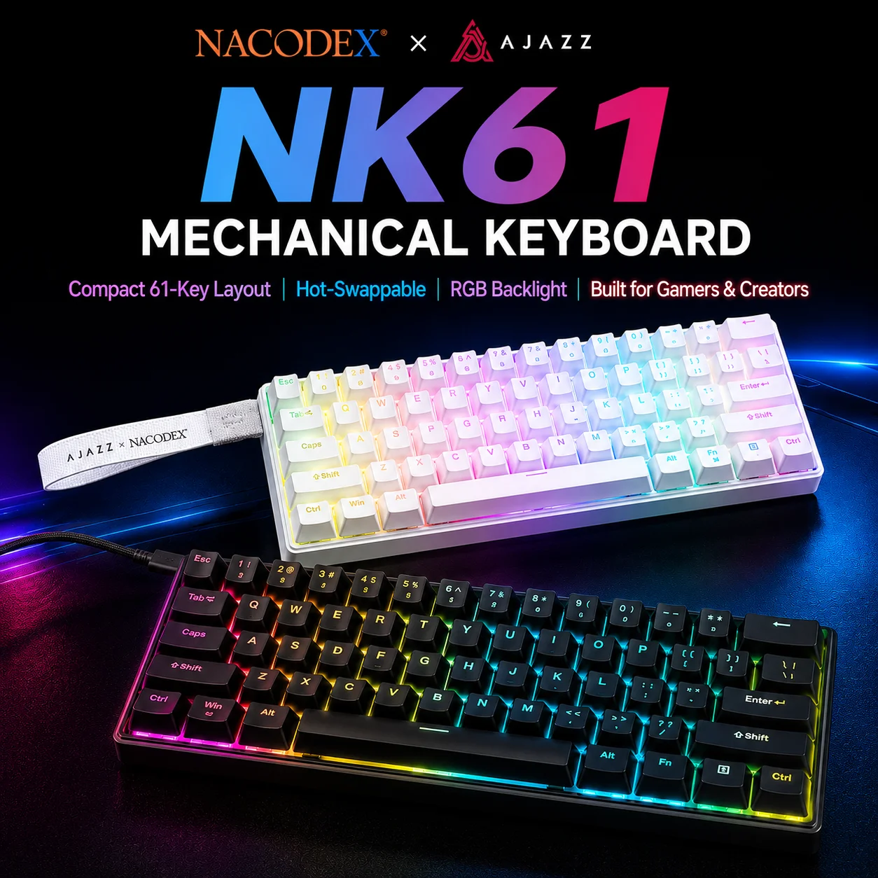 AJAZZ NK61 Wired Mechanical Keyboard 61 Keys 60% Compact Hot Swappable Red Switch RGB…