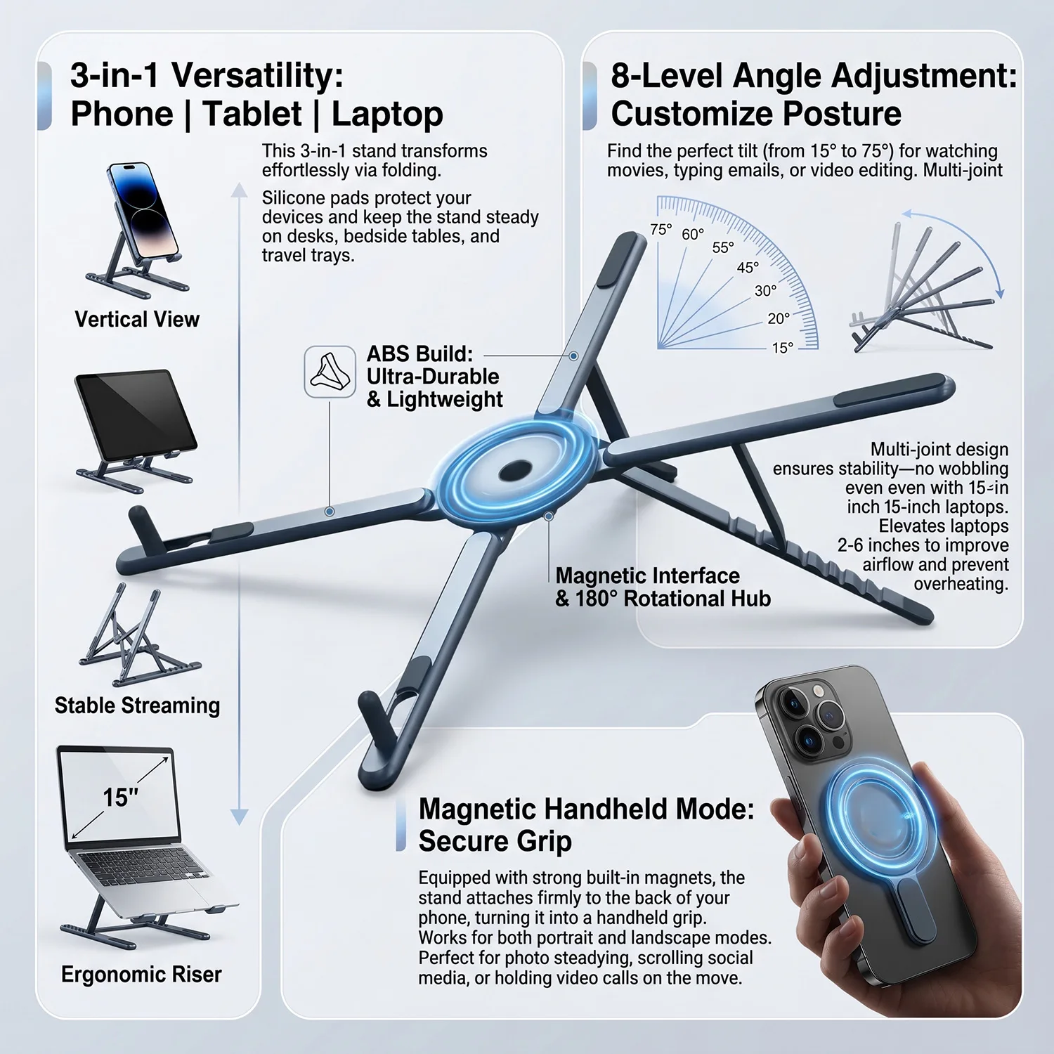 Foldable Magnetic Laptop Stand ABS Plastic Portable Adjustable Stand Heat Dissipation…