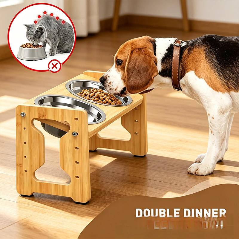 Wooden Dog Bowl Riser Adjustable Cat And Dog Food Bowl Stand Bamboo Pet Feeding Tray Rack