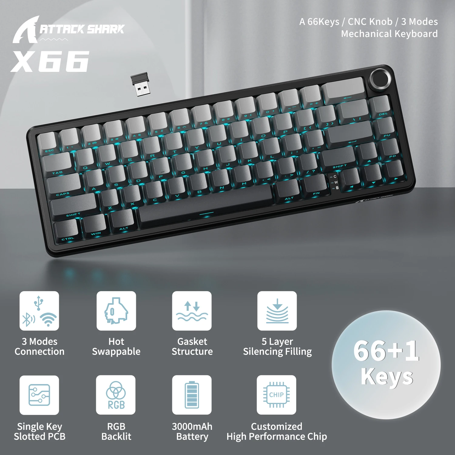 ATTACK SHARK X66 65% Wireless Mechanical Keyboard with Knob, 66 Keys Tri Mode Gasket Hot…