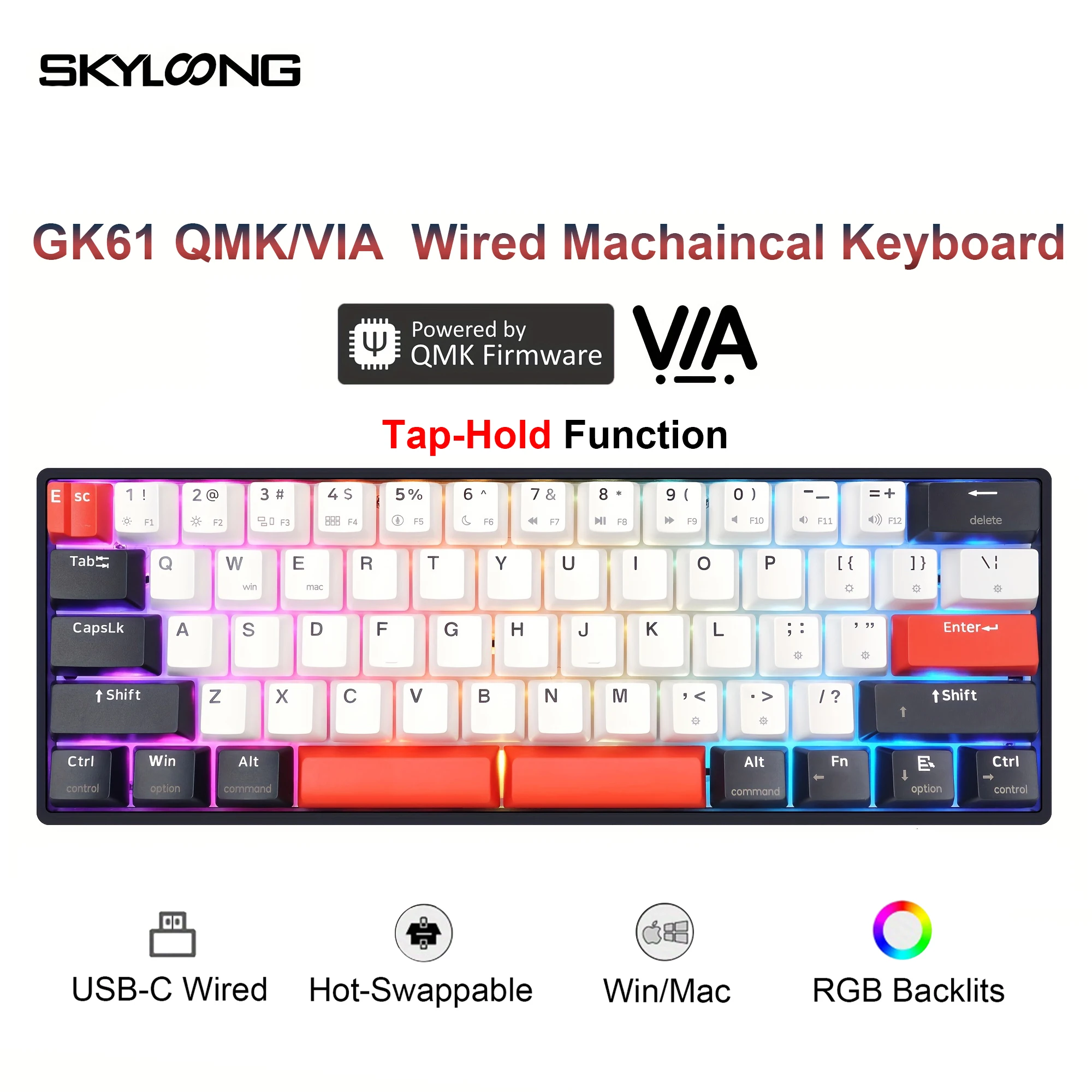 SKYLOONG GK61 QMK/VIA Wired Keyboard RGB Backlight USB Gaming Mechanical Keyboard Silent…