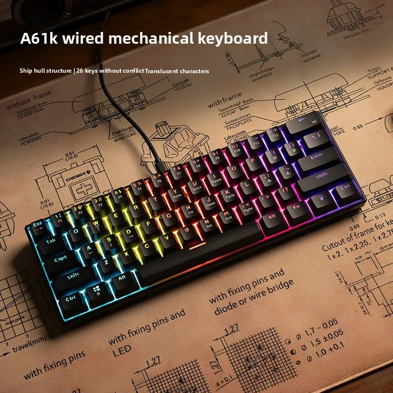 Teclado 60% Keyboards Mixed Light Mechanical Keyboard PC USB Wired Game E-Sports Office…