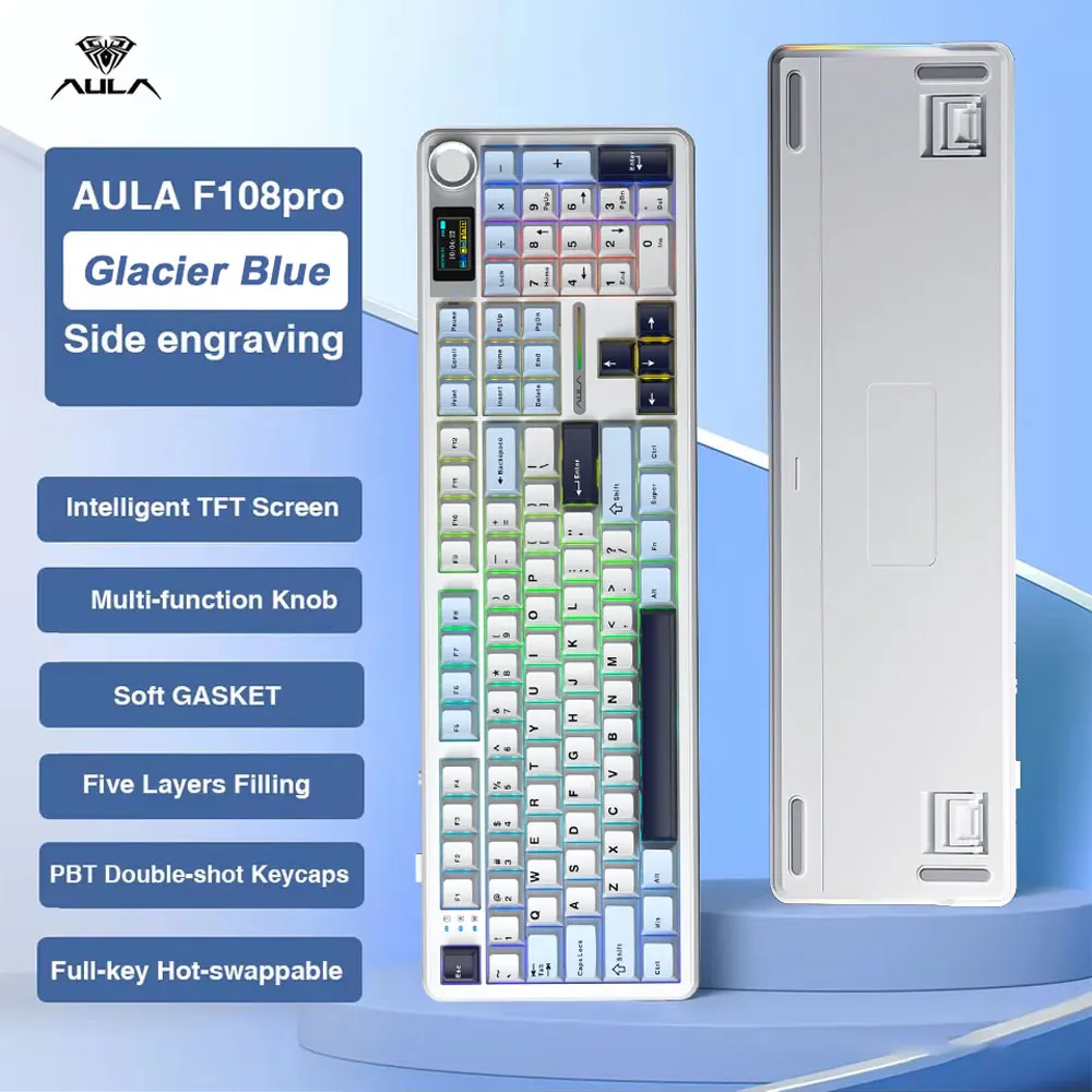 AULA F108 Pro Gaming Mechanical Keyboard Tri Mode Custom Multi-Knob Screen RGB Esports…