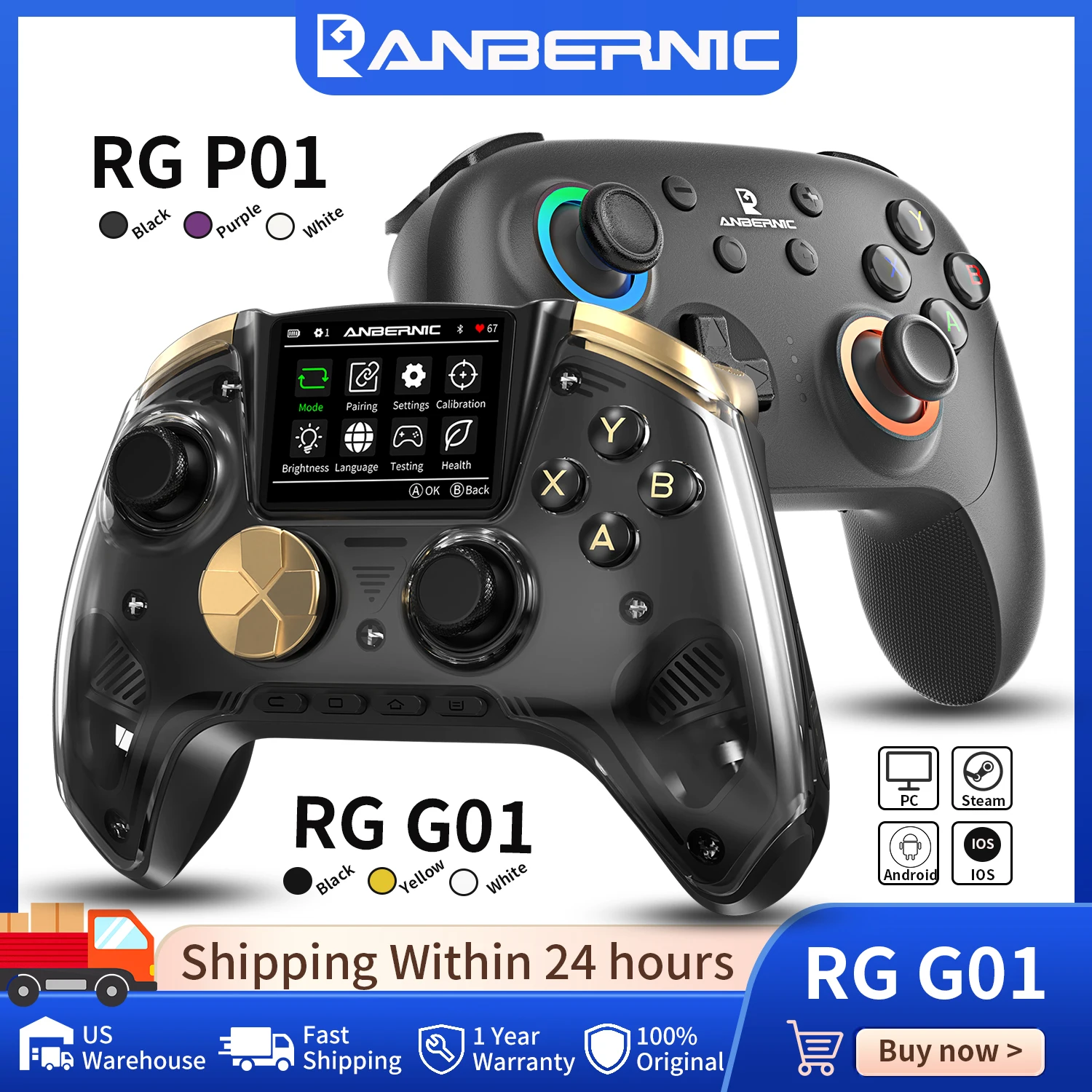 Anbernic RG G01 / RG P01 Retro Games Controller Hall Effect Triggers XBOX Gamepad for PC Android IOS Steam Linux Supports Bluetooth 5.3/Wired/2.4G Wireless