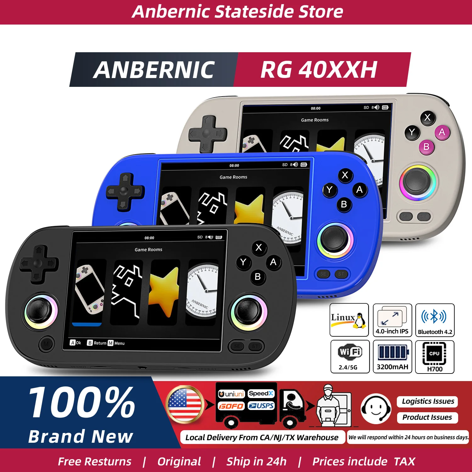 ANBERNIC RG40XX H Handheld Game Console 4'' Screen Linux System Joystick RGB Lighting…