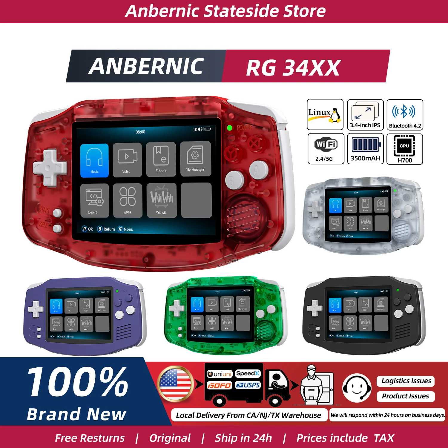 ANBERNIC RG34XX Retro Handheld Game Console 3.4''IPS Screen Linux System HDMI Output…