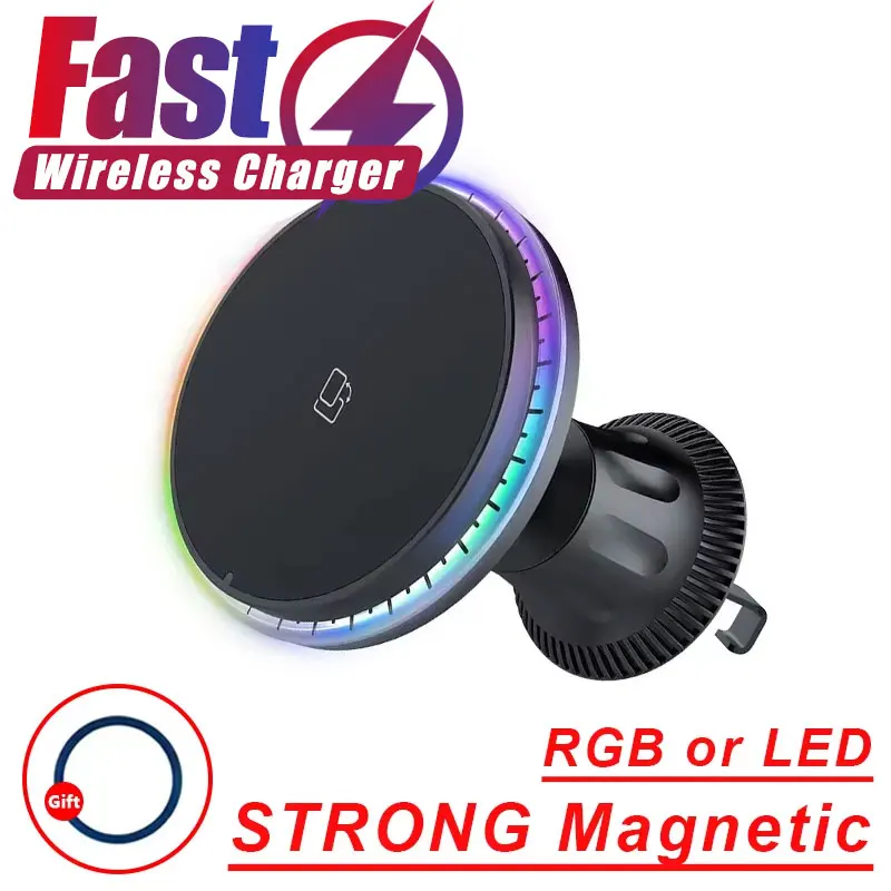 Magnetic Car Wireless Charger RGB For iPhone12 13 14 15 16 17 Pro Max Macsafe Car Phone…
