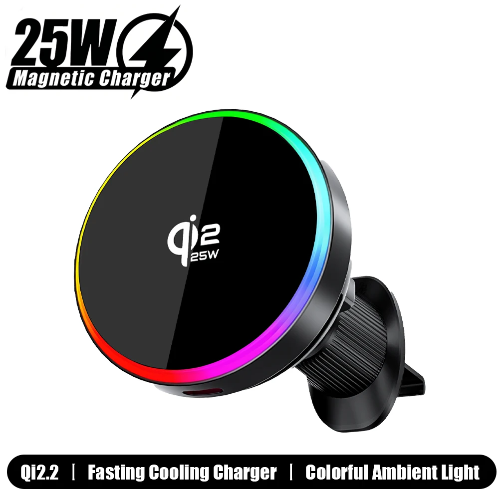 Qi2.2 25W Car Magnetic Wireless Charger Stand RGB Light Air-Cooling Phone Holder For…