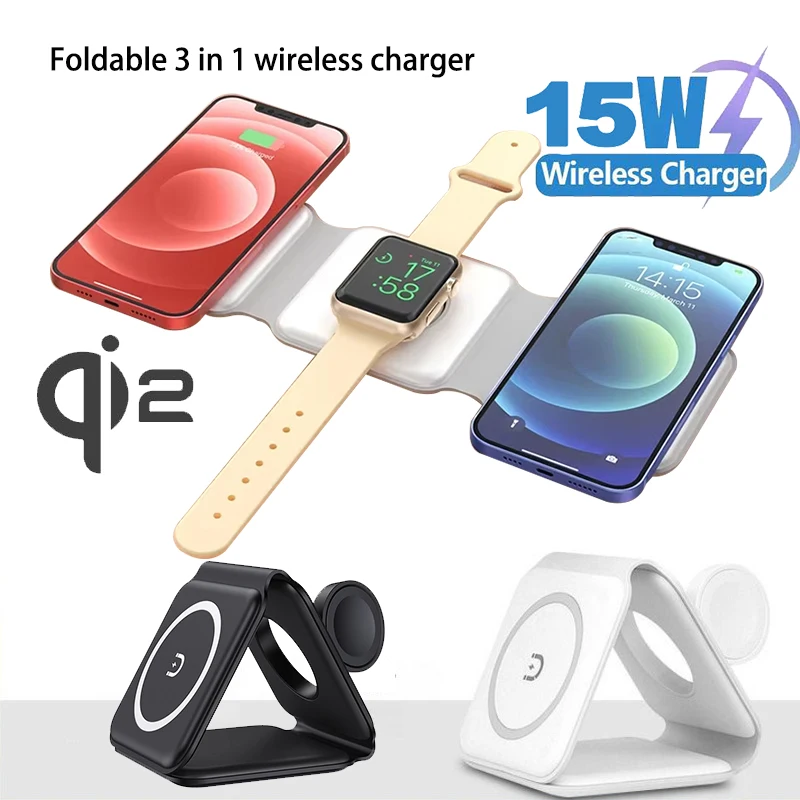Qi2 15w 3-in-1 Universal Travel Folding Magnetic Wireless Charger for iPhone AirPods…