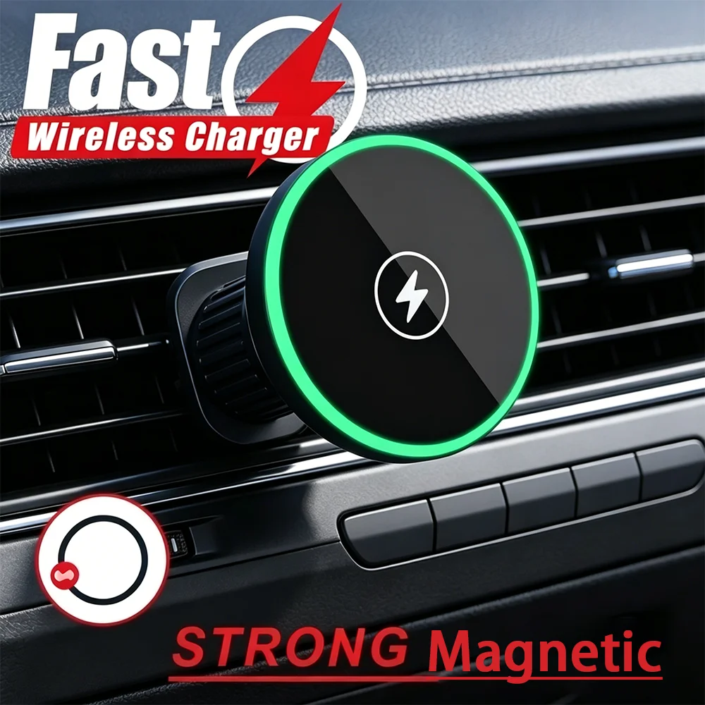 30W Fast Charging Magnetic Car Wireless Charger, LED Light Phone Mount Holder for iPhone…