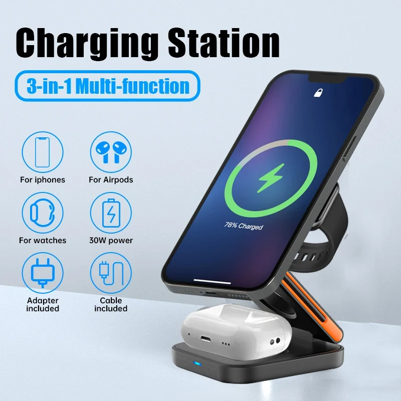 3-in-1 Foldable Magnetic Wireless Charger Stand Fast Charging Station for iPhone 17 16 15…