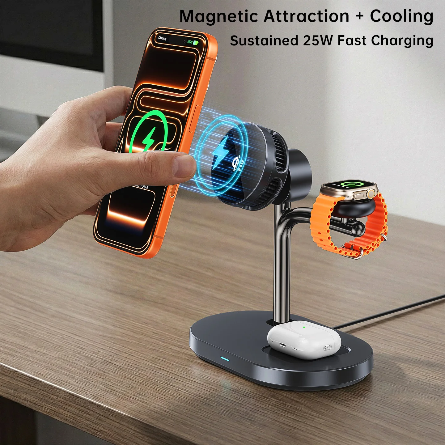 25W MagCold Wireless Charging Stand for iPhone 17 Galaxy S26, Qi2.2 Fast Charger Magnetic Cooling Dock for IWatch/Galaxy Watch 9