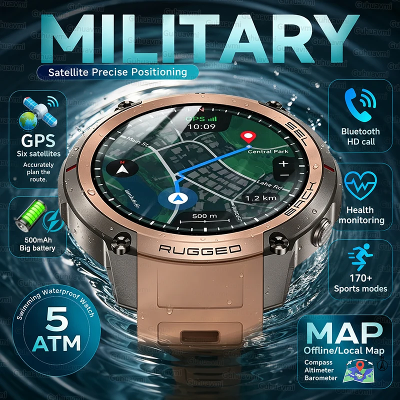 Military Satellite Offline Map GPS Smart Watch Men 1.43''AMOLED Bluetooth Call Compass…