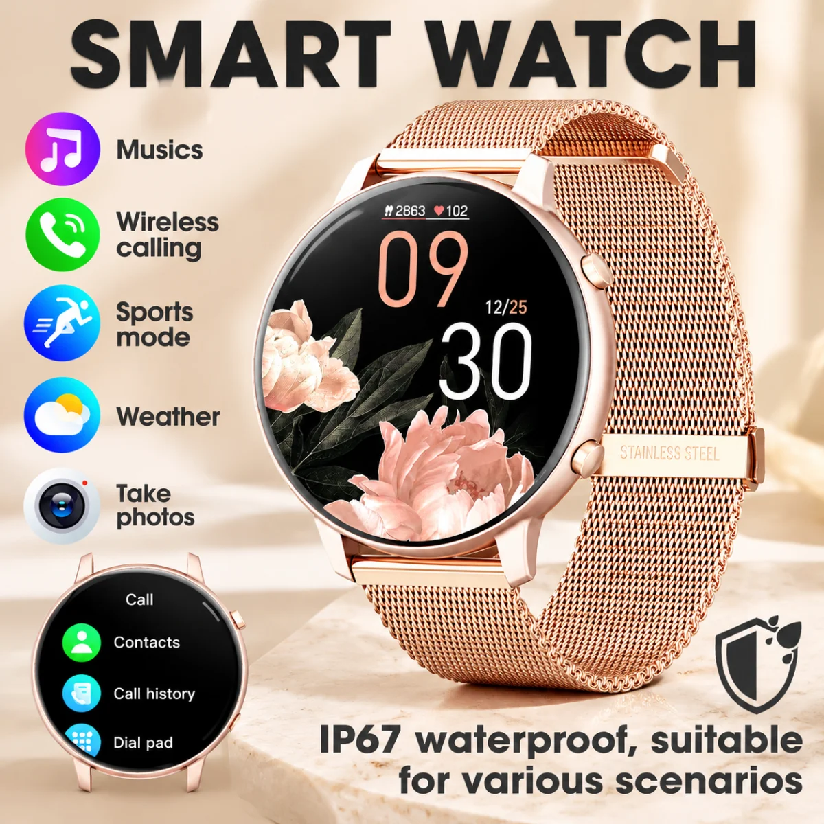 Women Rose Gold Smart Watch 1.39" Round Screen Bluetooth Call IP67 Waterproof Fitness…