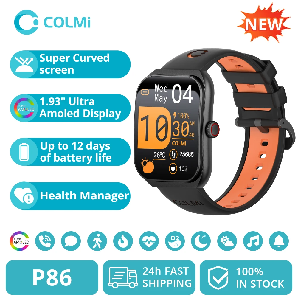 COLMI P86 1.93" AMOLED Smartwatch Men Health Manager Bluetooth Call IP68 Waterproof Smart…