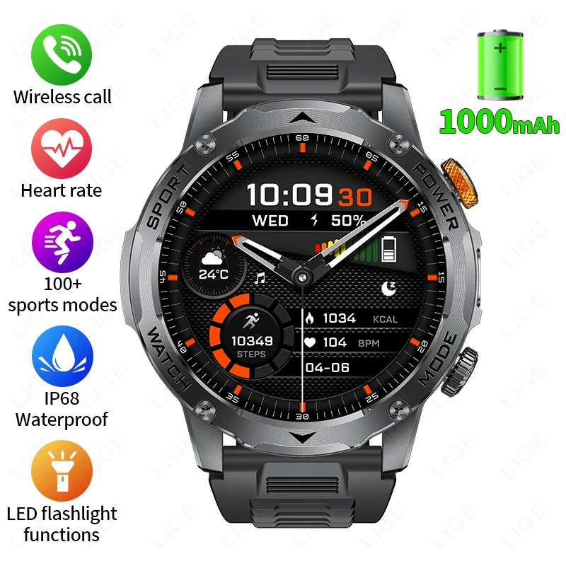 LIGE New Smart Watch Men 1000mAh Large Capacity Battery Outdoor Flashlight Bluetooth Call…
