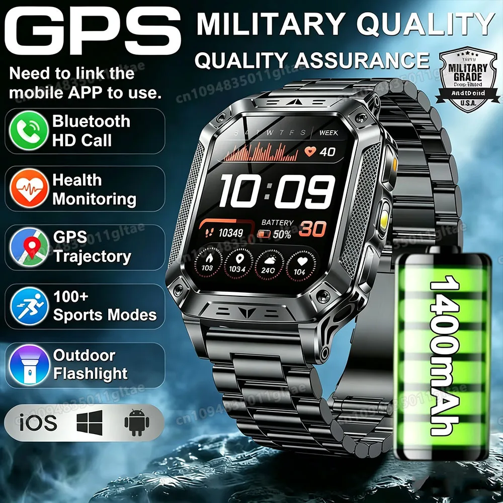 Rugged Military Smart Watch Men's Outdoor Watch LED Flashlight 2.01'' HD Touch Screen…