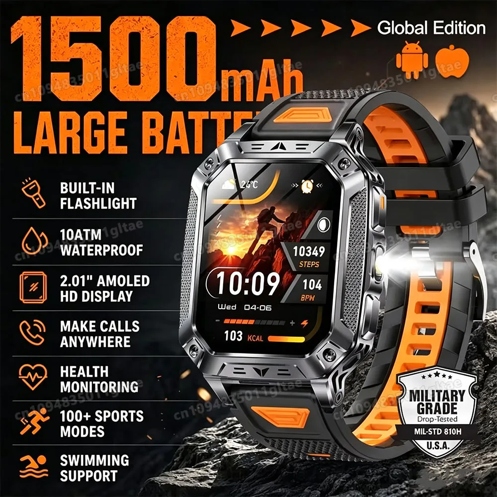 Military Smart Watch Men 3ATM Outdoor Sports Fitness Tracker Blood Pressure Health…