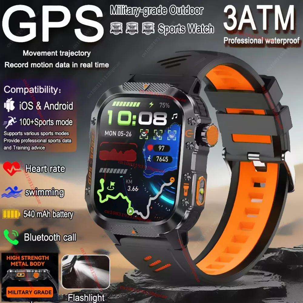 Military Outdoor Smart Watch Men's GPS Flashlight Bluetooth Call 2.01" AMOLED Screen 3ATM…