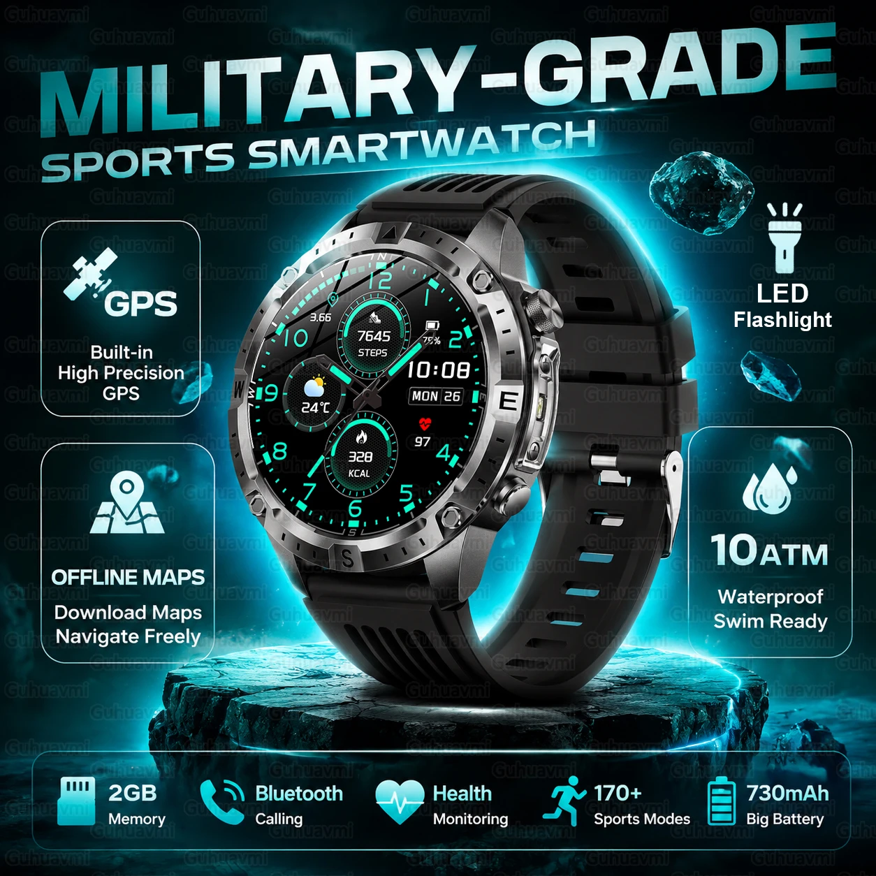 Military Sports Smart Watch Men LED Flashlight GPS Offline Maps 10ATM Waterproof 730mAh…