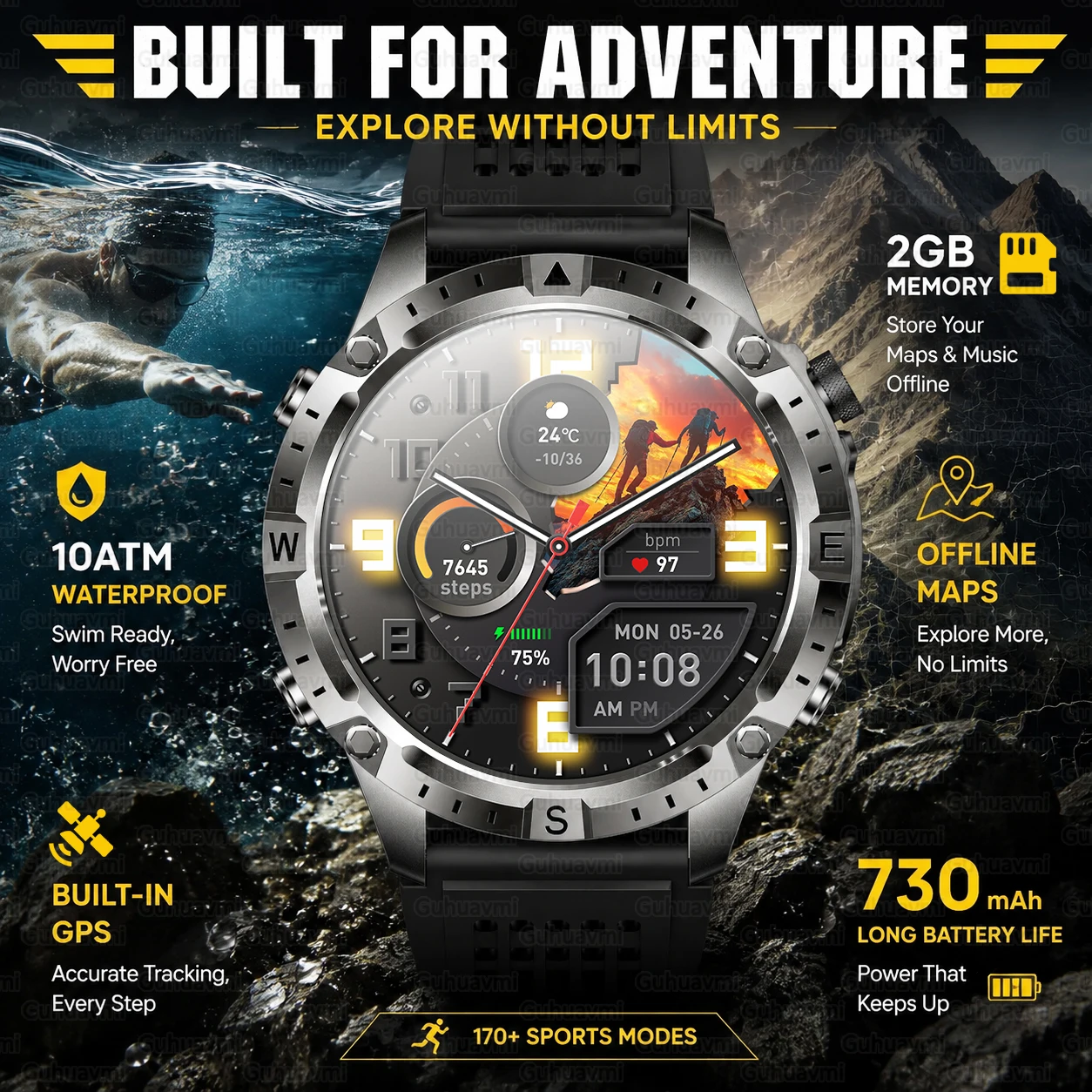 2026New Military TANK GPS SmartWatch Offline Map 10ATM Swim Altitude Compass BT Call 2GB…