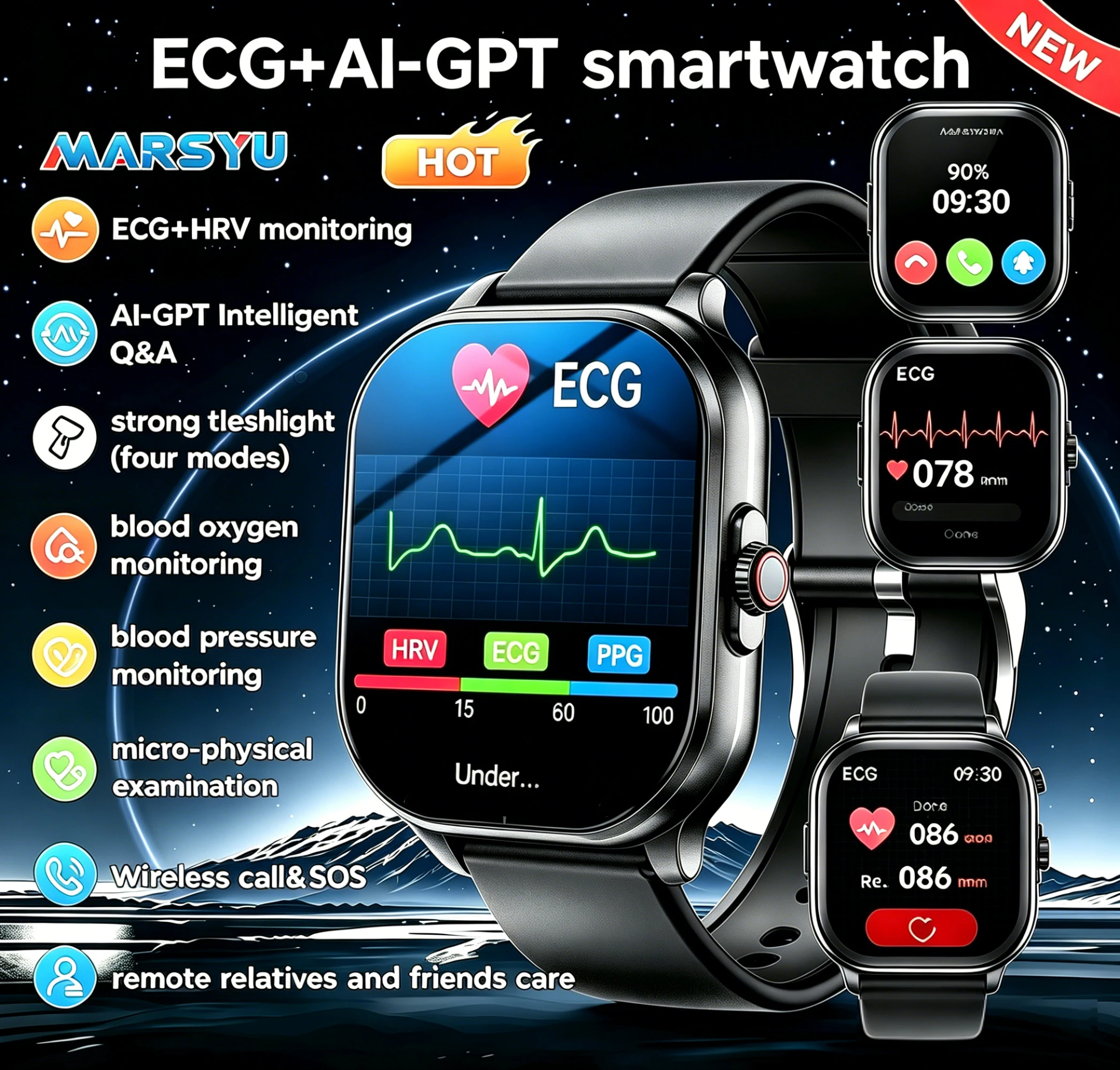 AI Healthy Diagnose ECG+PPG Smart Watch Blood Lipid Uric Acid Bluetooth Call Blood…