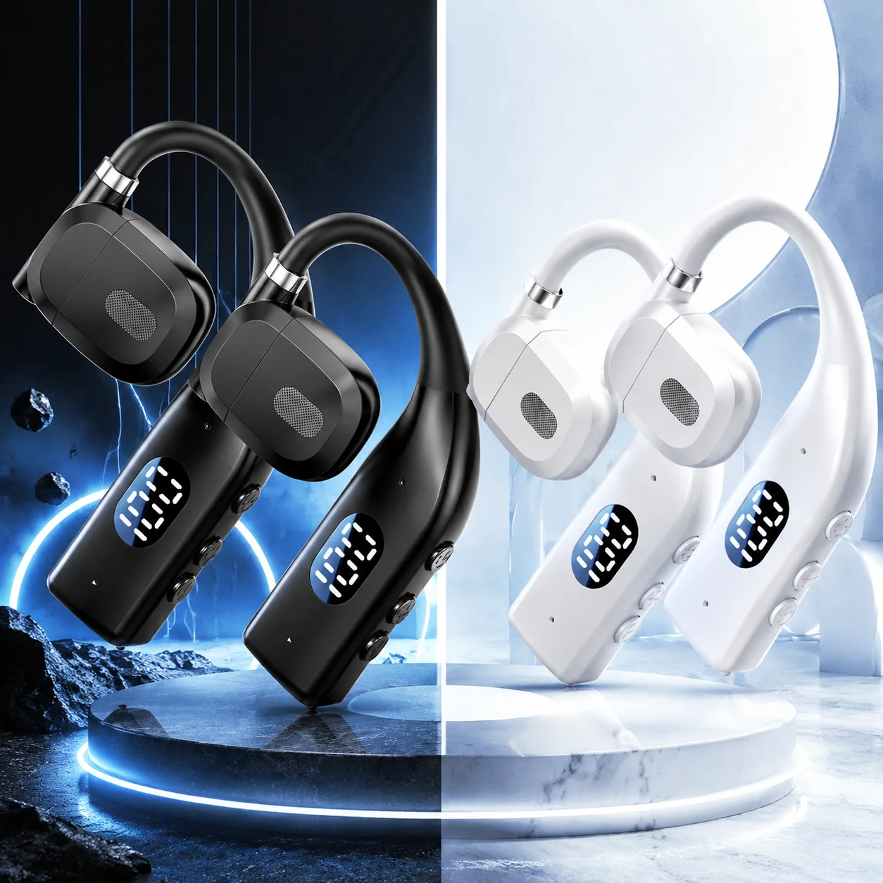 2-Pack Bluetooth Ear Hooks Rotatable Earphones LED Digital Display Wireless Sport…