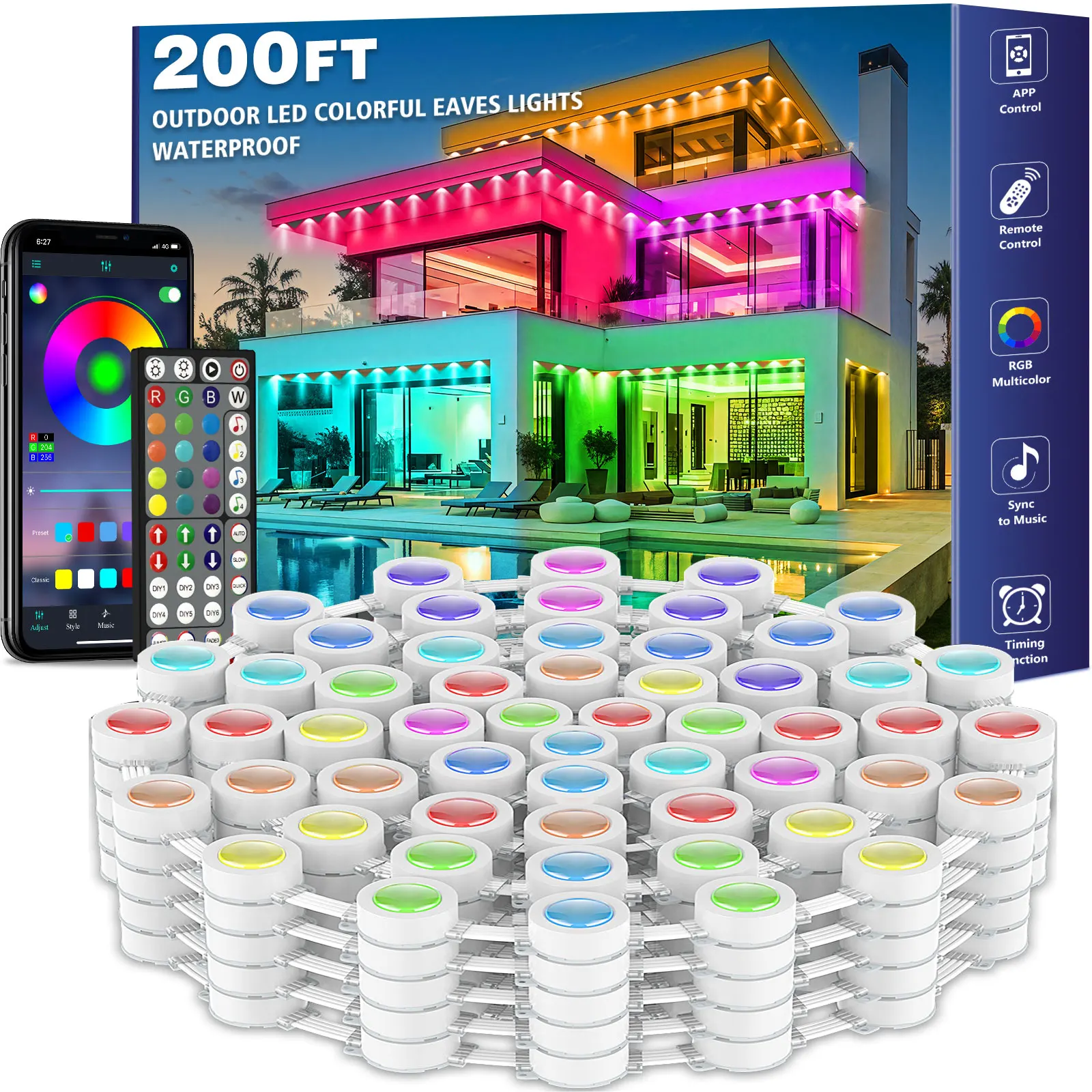 60M & 200FT Permanent Outdoor LED Eaves Lights RGB Waterproof Smart String Lights App…