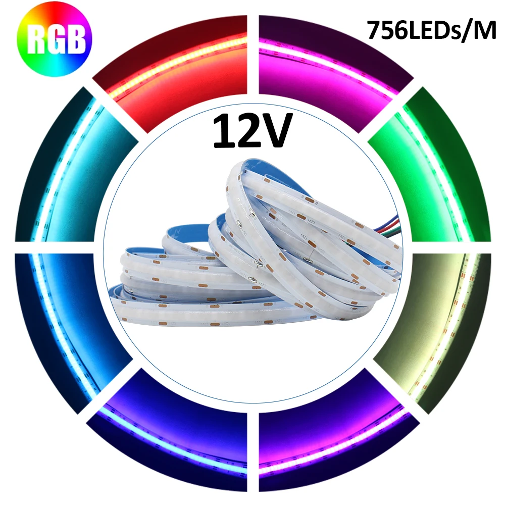 DC 12V COB RGB LED Strip Light 756LEDs/m 1M 2M 3M 4M 5M High Density Flexible FCOB Tape…