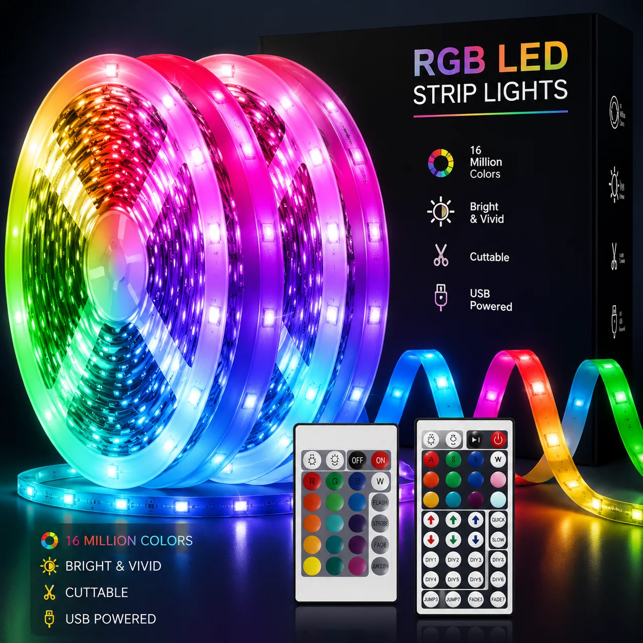 USB 5050 RGB LED Strip Lights with Remote Control 44 Lighting Modes Dimmable Million…